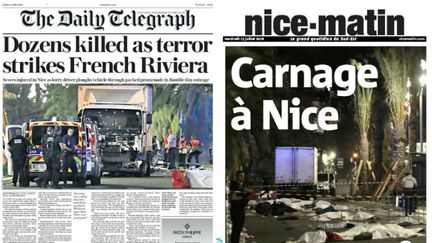 Les journaux français et étrangers évoquent l'attentat de Nice (Alpes-Maritimes) en une de leurs éditions du 15 juillet 2016. (THE DAILY TELEGRAPH / NICE MATIN / EL PERIODICO)