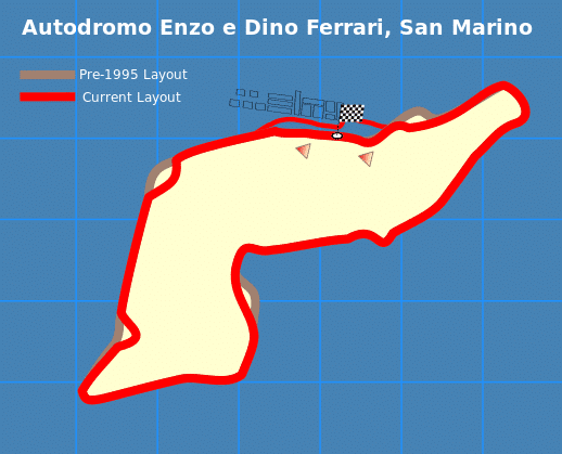 Le trac&eacute; du Grand Prix de Saint-Marin,&nbsp;pr&egrave;s d'Imola (Italie), avant et apr&egrave;s la modification du parcours. (WIKIPEDIA)