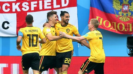 Le Belge Thomas Meunier célèbre son but contre l'Angleterre lors de la petite finale de la Coupe du monde, le 14 juillet à Saint-Pétersbourg (Russie). (BRUNO FAHY / BELGA MAG / AFP)