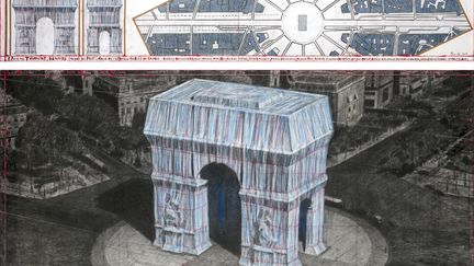 Un dessin de travail montrant le projet d'empaqueter l'Arc de Triomphe, qui sera réalisé par l'artiste américain Christo en 2020 à Paris. (AFP PHOTO / CHRISTO AND JEANNE-CLAUDE - 2019 CHRISTO / ANDRE GROSSMANN)