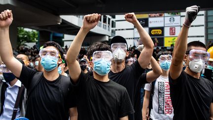 Des manifestants se protègent avec des masques et des lunettes, alors que la police a fait usage de gaz lacrymogène mercredi. (PHILIP FONG / AFP)