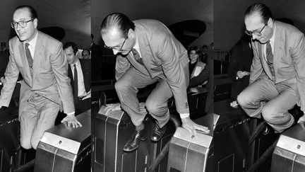 Le "saut" de Jacques Chirac, maire de Paris à la station RATP Auber à Paris, le 5 décembre 1980. (JEAN-CLAUDE DELMAS / AFP)