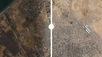 Sur ces images satellite, la présence de milliers de tentes est bien visible le 20 avril 2024 (à droite) à Rafah, dans le sud de la bande de Gaza. (PLANET LABS PBC / FRANCEINFO)