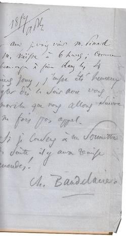 Lettre manuscrite et signée de Charles Baudelaire relative à son procès pour outrage aux bonnes moeurs
 (Etude Vassy &amp; Jalenques)