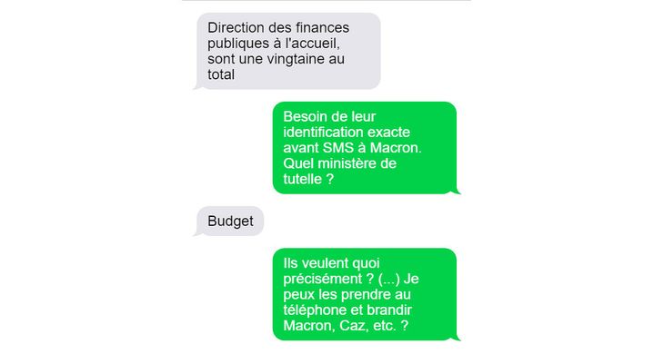 Reconstitution d’un échange de SMS entre Alexandre Quintard-Kaigre (en gris) et Mark MacGann (en vert), traduit de l’anglais. (UBER FILES / CELLULE INVESTIGATION DE RADIO FRANCE)