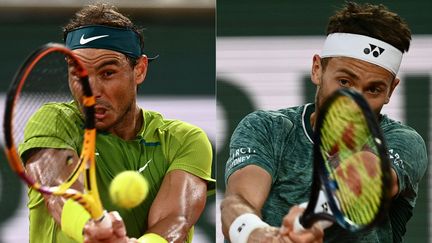 Rafael Nadal et Casper Ruud (de gauche à droite) s'affrontent en finale de Roland-Garros, dimanche 5 juin 2022. (CHRISTOPHE ARCHAMBAULT / AFP)