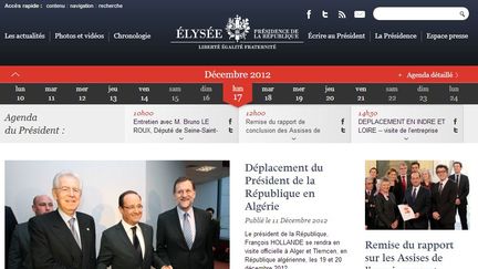 Capture d'&eacute;cran du site elysee.fr qui a mis en ligne sa nouvelle mouture, le 17 d&eacute;cembre 2012. (ELYSEE.FR / FRANCETV INFO)