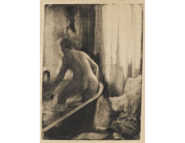 Edgar Degas, "Femme debout dans la baignoire"1880-1885, monotype à l'encre noire (© RMN-Grand Palais (Musée d'Orsay) / Thierry Le Mage)