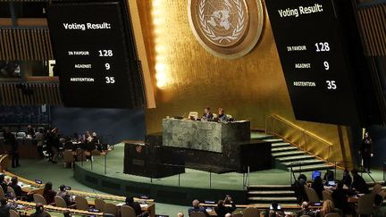 Résultat du vote du 21 décembre 2017 à l'ONU sur la décision américaine concernant son ambassade en Israël. (SPENCER PLATT / GETTY IMAGES NORTH AMERICA / AFP)