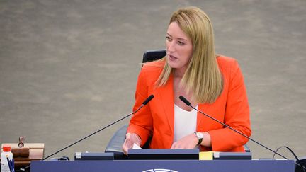 L'eurodéputée maltaise Roberta Metsola, vice-présidente du Parlement européen, lors d'une session plénière du Parlement à Strasbourg, le 14 septembre 2021.&nbsp; (ALEXEY VITVITSKY / SPUTNIK / AFP)