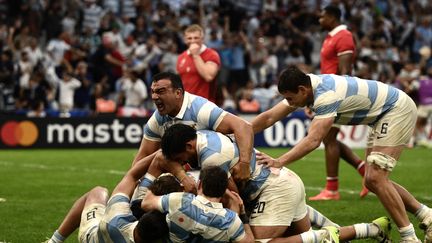 L'explosion de joie des Argentins, tombeurs en quarts de finale de la Coupe du monde des Gallois, à Marseille, le 14 octobre 2023. (CHRISTOPHE SIMON / AFP)