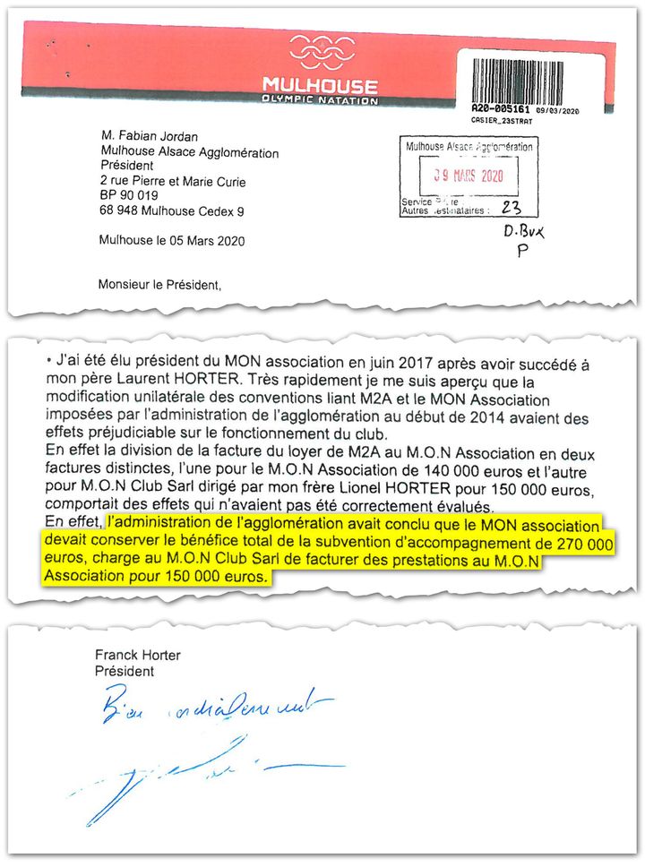 Extrait d’une lettre adressée par le président du MON au président de l’agglomération mulhousienne.&nbsp; (Cellule investigation de Radio France)