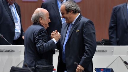 Michel Platini et&nbsp; Sepp Blatter, le 29 mais 2015 à Zurich. (MELANIE DUCHENE / RIA NOVOSTI / AFP)