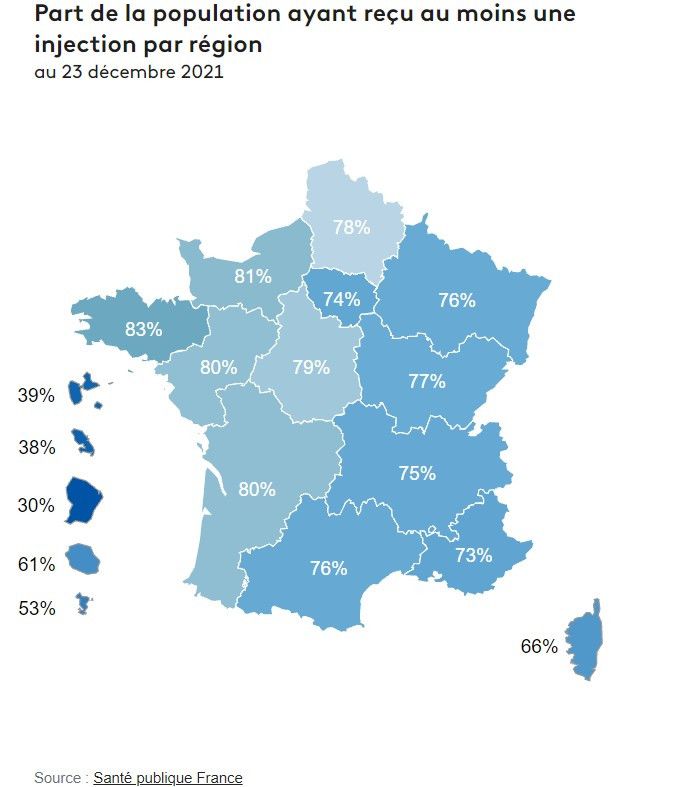 Part de la population ayant reçu au moins une injection par région, au 23 décembre 2021. (FRANCEINFO)