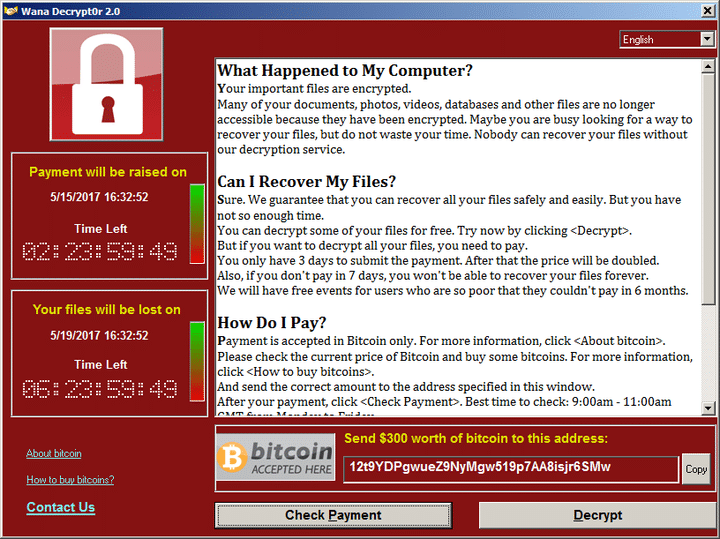 La demande de rançon affichée par une variante du logiciel malveillant "Wannacry", qui s'est activé vendredi 12 mai 2017 sur plus de 200 000 ordinateurs. (WANADECRYPTOR 2.0)