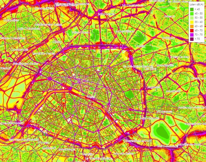 Une carte de Bruitparif montre la répartition des niveaux sonores à Paris. (BRUITPARIF)