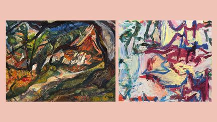 A gauche,&nbsp;Chaïm Soutine (1893-1943), "Paysage avec maison et arbre", 1920-1921 - A droite,&nbsp;Willem de Kooning (1904-1997) ... "Dont le nom était écrit dans l’eau (...Whose Name Was Writ in Water) 1975, Etats-Unis, New-York (NY), The Solomon R. Guggenheim MuseumArtwork (A gauche, Philadelphia (PA), The Barnes Foundation - A droite  © The Willem de Kooning Foundation, Adagp, Paris, 2021, Photo  © The Solomon R. Guggenheim Foundation / Art Resource, NY, Dist. RMN-Grand Palais)