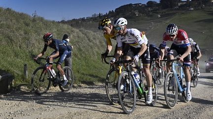 Egan Bernal Wout Van Aert, Julian Alaphilippe et Mathieu Van der Poel, ici à la lutte sur les Strade Bianche le 6 mars 2021, sont attendus sur Tirreno-Adriatico. (DIRK WAEM / BELGA MAG)