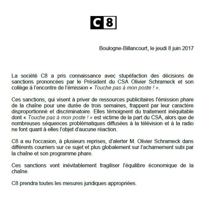 Le communiqué officiel de la chaîne C8 après les sanctions du CSA. (C8)