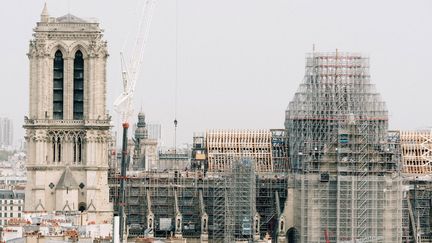 La cathédrale Notre-Dame de Paris en travaux au mois d'octobre 2023. (PATRICK COCKPIT / HANS LUCAS / AFP)