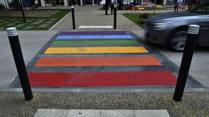 Un passage piéton arc-en-ciel réalisé lors de la Journée internationale contre l’homophobie, la transphobie et la biphobie. (GEORGES GOBET / AFP)