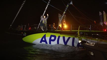 Charlie Dalin (Apivia) a coupé mercredi soir en premier la ligne d'arrivée du Vendée Globe (Pierre Bouras / DPPI via AFP) (PIERRE BOURAS / PIERRE BOURAS)