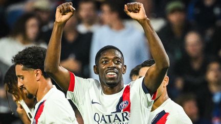 La joie d'Ousmane Dembélé, buteur de la tête face au Havre en ouverture du championnat (4-1), le 16 août 2024 au stade Océane. (MATTHIEU MIRVILLE / DPPI / AFP)