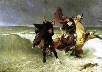 "La Fuite du roi Gradlon". Saint Guénolé demande à Gradlon d'abandonner sa fille Dahut.. Évariste-Vital Luminais
 (DR)