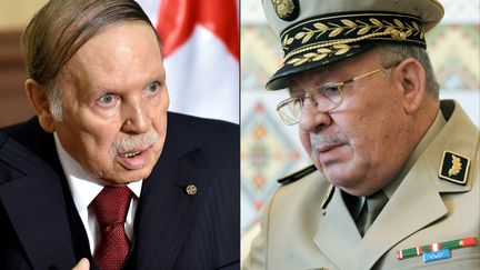 Le président algérien Abdelaziz Bouteflika (en 2016) et le chef d'état-major de l'armée algérienne Ahmed Gaid Salah (en 2014). (ERIC FEFERBERG / AFP)