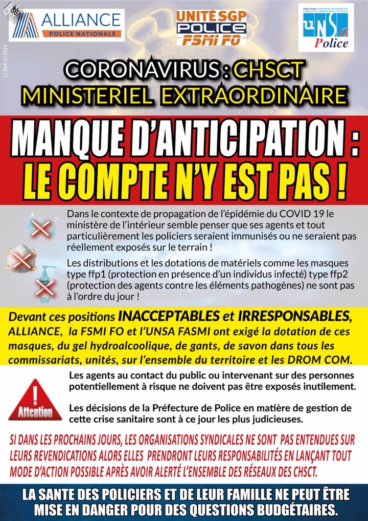 Communiqué de presse des syndicats Alliance, Unité SGP Police et Unsa Police du 4 mars 2020. (ALLIANCE/ UNITE SGP POLICE / UNSA POLICE)