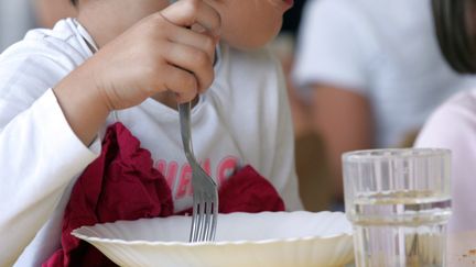 Une enfant déjeunant à la cantine de son école maternelle, en Charente (illustration). (ROMAIN PERROCHEAU / AFP)