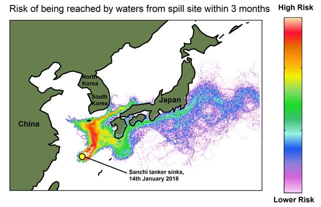 Le naufrage du "Sanchi" est susceptible d'avoir de fortes conséquences en mer de Chine orientale et dans les mers du Japon, selon le National Oceanography Center. Mais des hydrocarbures pourraient circuler jusqu'au nord du Pacifique. Le risque fort est en jaune, le risque faible est en rose. (NATIONAL OCEANOGRAPHY CENTER)