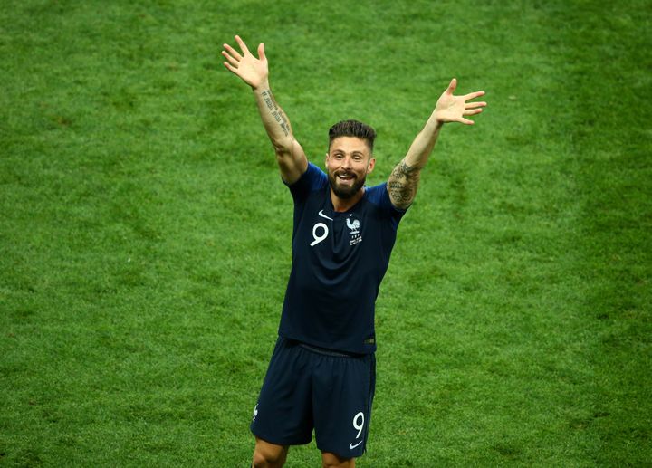 Le footballeur français Olivier Giroud, le 15 juillet 2018, à Moscou (Russie) célèbre la victoire des siens contre la Croatie.&nbsp; (MATTEO CIAMBELLI / NURPHOTO / AFP)