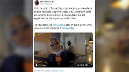 Capture d'écran d'un tweet dévoilant le clip de la rappeuse Asayel Slay, le 23 février 2020. (CAPTURE D'ECRAN TWITTER)