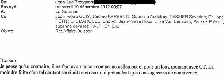 Un e-mail de Jean-Luc Trotignon adressé à plusieurs membres de l'association Anticor, daté du 19 décembre 2012. (FRANCE 3)