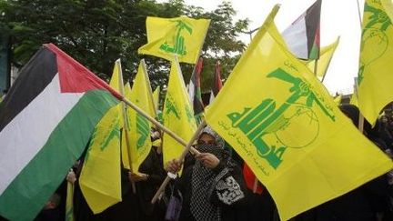 Le parti de dieu libanais, plus connu sous le nom de hezbollah, arbore sur son logo une AK-47 en vert sur fond jaune. Le vert de l'Islam et l'arme des révolutionnaires. Le graphisme du mot hezbollah permet de se transformer en bras tenant l'arme. (ANWAR AMRO / AFP)