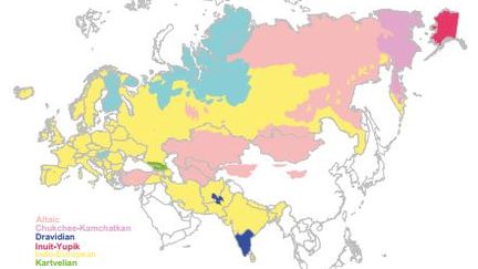 Cette carte montre les r&eacute;gions o&ugrave; les sept groupes de langues eurasiatiques &eacute;taient parl&eacute;s. (PROCEEDINGS OF THE NATIONAL ACADEMY OF SCIENCES / FRANCETV INFO)