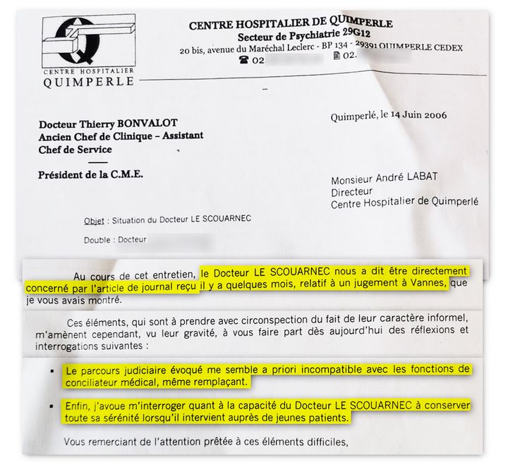 Extraits de la lettre du docteur Bonvalot adressée à la direction de l’hôpital de Quimperlé, à propos de Joël Le Scouarnec. (CELLULE INVESTIGATION DE RADIO FRANCE)