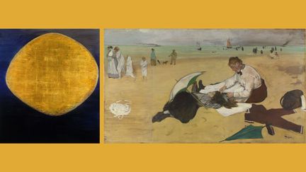 A gauche,  Anna-Eva Bergman, "N°18-1956 Grand soleil", 1956, Stortinget, The Norwegian Parliament - A droite, Edgar Degas, "Bains de mer, petite fille peignée par sa bonne", 1869-1870, The National Gallery, LondresPhoto: (A gauche © Anna-Eva Bergman / Adagp, Paris, 2023 Photographie © Fondation Hartung-Bergman - A droite, photo © The National Gallery, London)