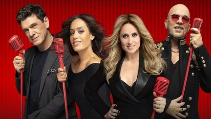 Marc Lavoine, Amel Bent, Lara Fabian et Pascal Obispo, les quatre coachs de la 9e saison de The Voice, sur TF1 (CAPTURE D'ECRAN TF1)