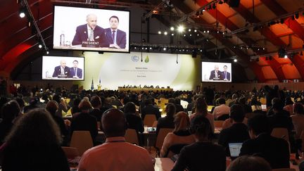 Les délégations des 195 pays écoutent le président de la COP21, Laurent Fabius, le 9 décembre 2015 au Bourget.&nbsp; (DOMINIQUE FAGET / AFP)