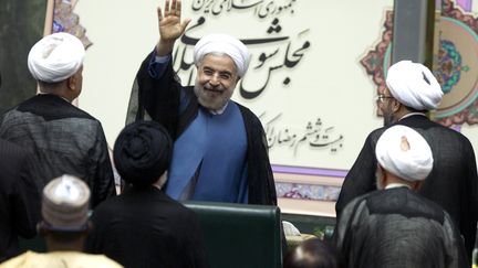 Le pr&eacute;sident iranien Hassan Rohani, le 4 ao&ucirc;t 2013, apr&egrave;s son investiture au Parlement iranien, &agrave; T&eacute;h&eacute;ran. ( MAXPPP)