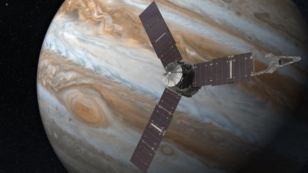 Vue d'artiste de la sonde Juno arrivant en orbite autour de Jupiter (NASA)