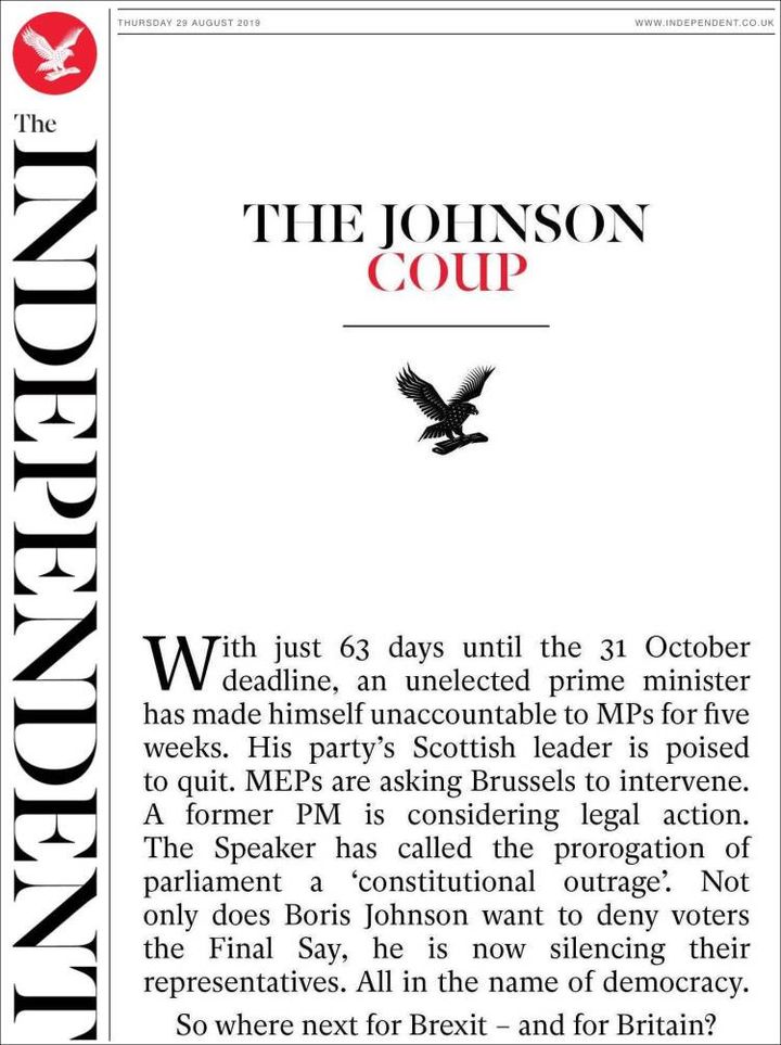 La une de The Independent, le 29 août 2019. (THE INDEPENDENT)