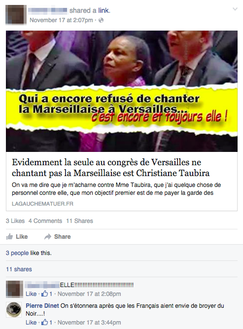 Commentaire publié par Pierre Dinet sur Facebook, le 17 novembre 2015. (FACEBOOK)