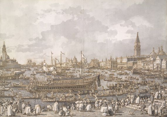 "Le doge part pour le Lido &agrave; bord du Bucintoro, le jour de l&rsquo;Ascension", de Canaletto (1775-1780). Plume, encre brune, aquarelle grise et blanc de c&eacute;ruse (oxyd&eacute;) sur trace de crayon. 39 x 55 cm. Londres, The British Museum. (THE BRITISH MUSEUM)