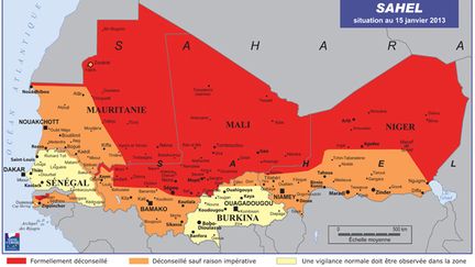 La carte des diff&eacute;rentes zones &agrave; risque du Sahel publi&eacute;e par le Quai d'Orsay le 22 f&eacute;vrier 2013, avant mise &agrave; jour prenant en compte la situation du B&eacute;nin. (MINISTERE DES AFFAIRES ETRANGERES)