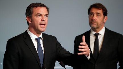 Le ministre de la Santé, Olivier Véran, et le ministre de l'Intérieur, Christophe Castaner, en conférence de presse au palais de l'Elysée, le 2 mai 2020.&nbsp; (AFP)