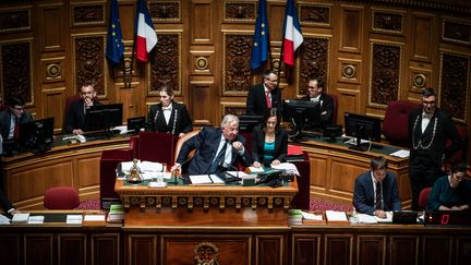 Gérard Larcher, président du Sénat français, prend la parole lors d'une séance publique d'actualité des questions au gouvernement dans l'hémicycle du Sénat, le 15 novembre 2023, à Paris. (XOSE BOUZAS / HANS LUCAS / AFP)