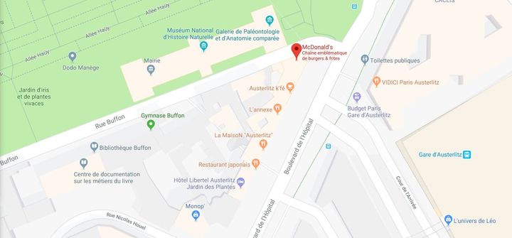 Plan du quartier Austerlitz, où un MacDonald's a été vandalisé le 1er mai 2018. Le restaurant est à l'intersection du boulevard de l'Hôpital et de la rue Buffon. (GOOGLE MAPS)